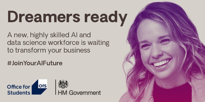 Text next to photo of female student - Dreamers ready, a new highly skilled AI and data science workforce is waiting to transform your business.
