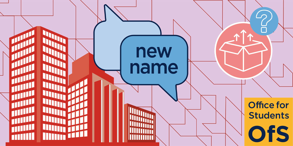 graphic showing university buildings and a speech bubble saying 'new name'