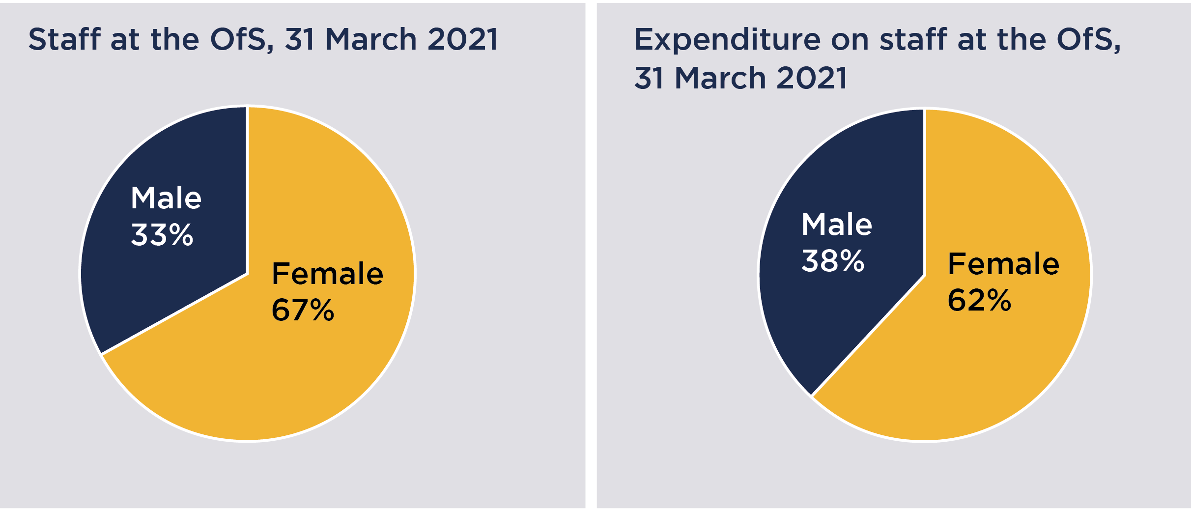 Two pie charts, both dated 31 March 2021. First chart shows staff at the OfS, male 33% and female 67%. Second chart shows expenditure on staff at the OfS. male 38% and female 62%.