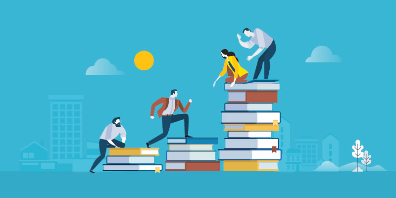 Illustration of figures climbing up piles of books