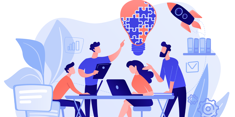 graphic of people working together with lightbulb above them, representing new ideas