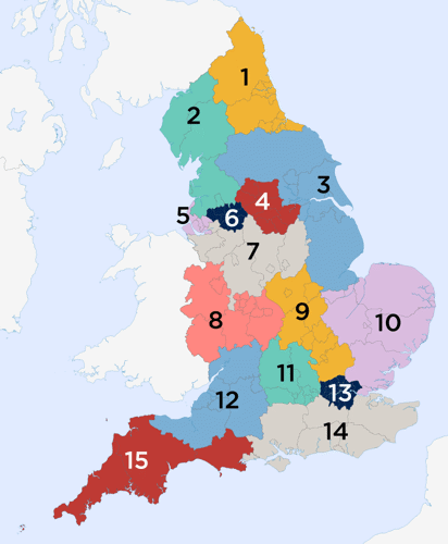 Map of the proposed regions, showing which council districts are in which region, as described in full in Table 1 of this annex.