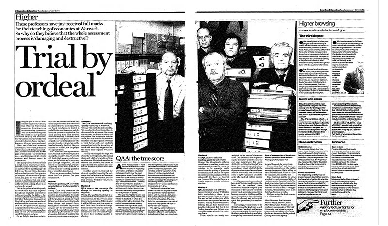 A photo of an article from The Guardian in 2001. The image shows five professors standing next to piles of paperwork.