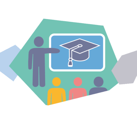 A person pointing at a graduation cap