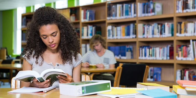 A student in the library reading a text book