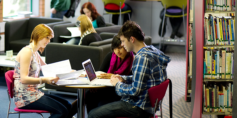 Students discussing and working