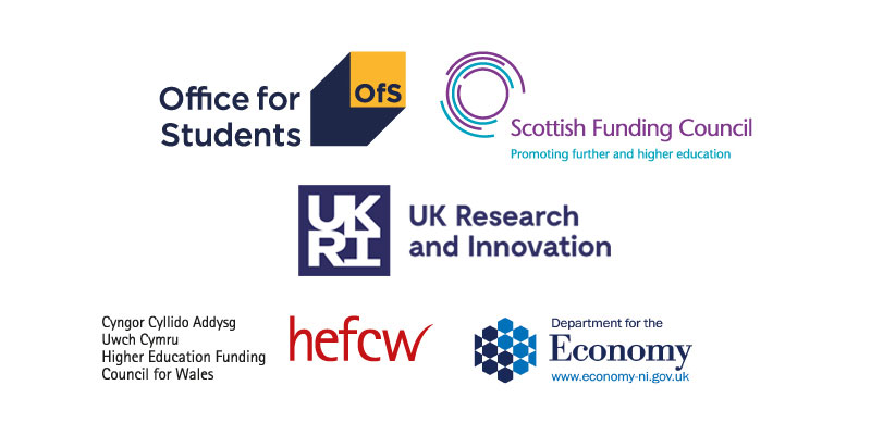Logos of Office for Students, The Scottish Funding Council, UK Research and Innovation (UKRI), The Higher Education Funding Council for Wales (HEFCW) and the Department for the Economy Northern Ireland