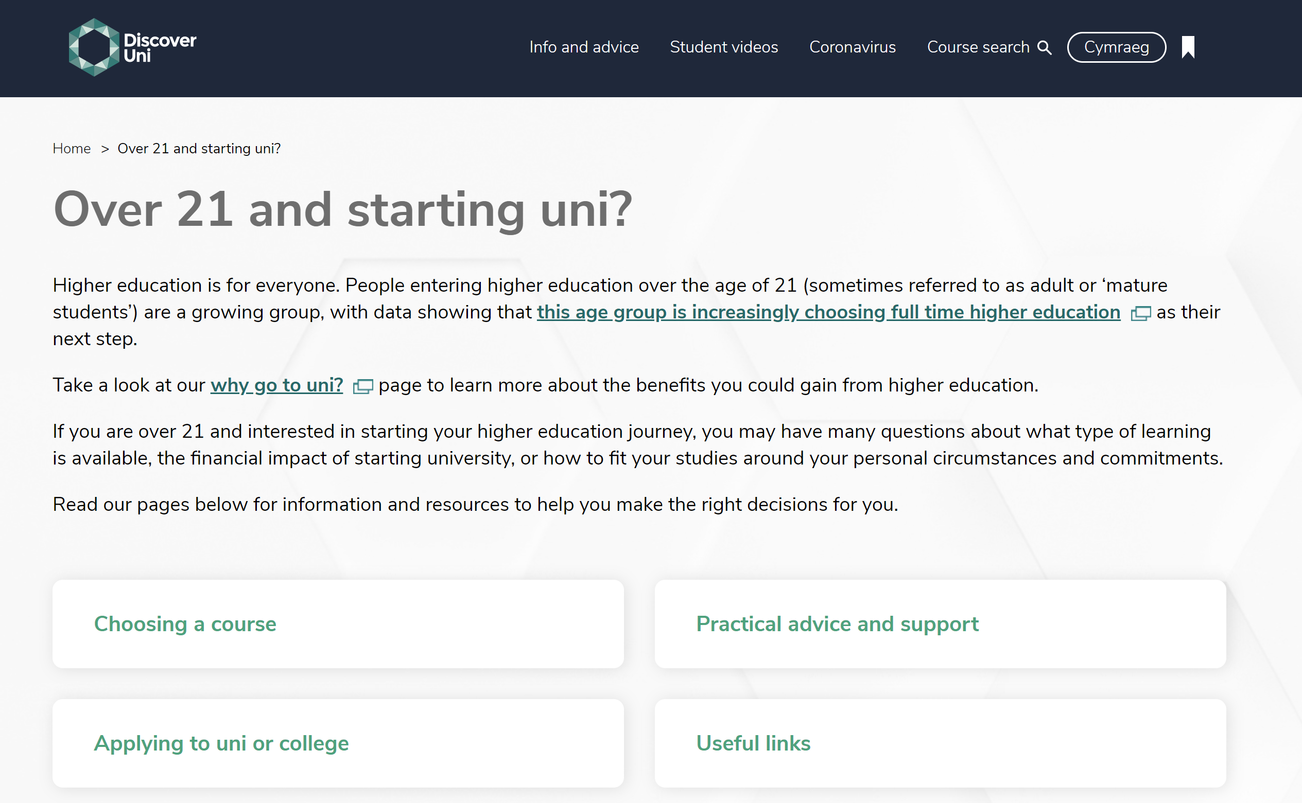 Screen shot of the Discover Uni website