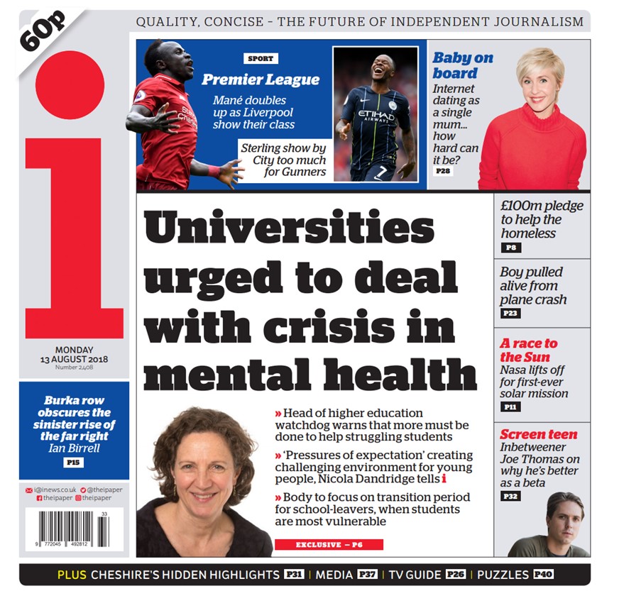 Front page of The i Monday 13 August 2018