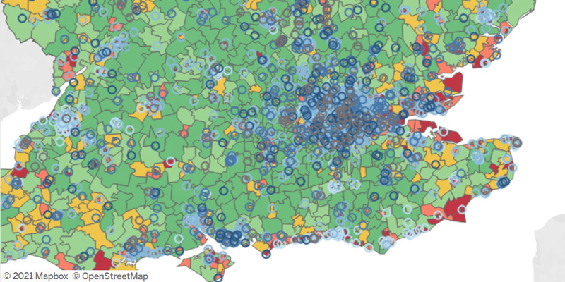 Section of a map of England showing incidence of higher education outreach activities. Data collected by HEAT.