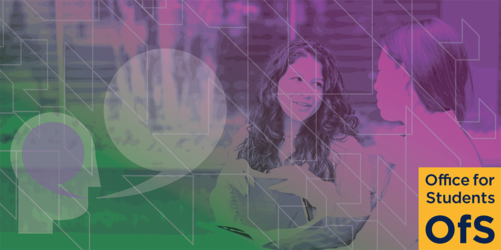 two students talking, alongside graphic of head and speech bubble